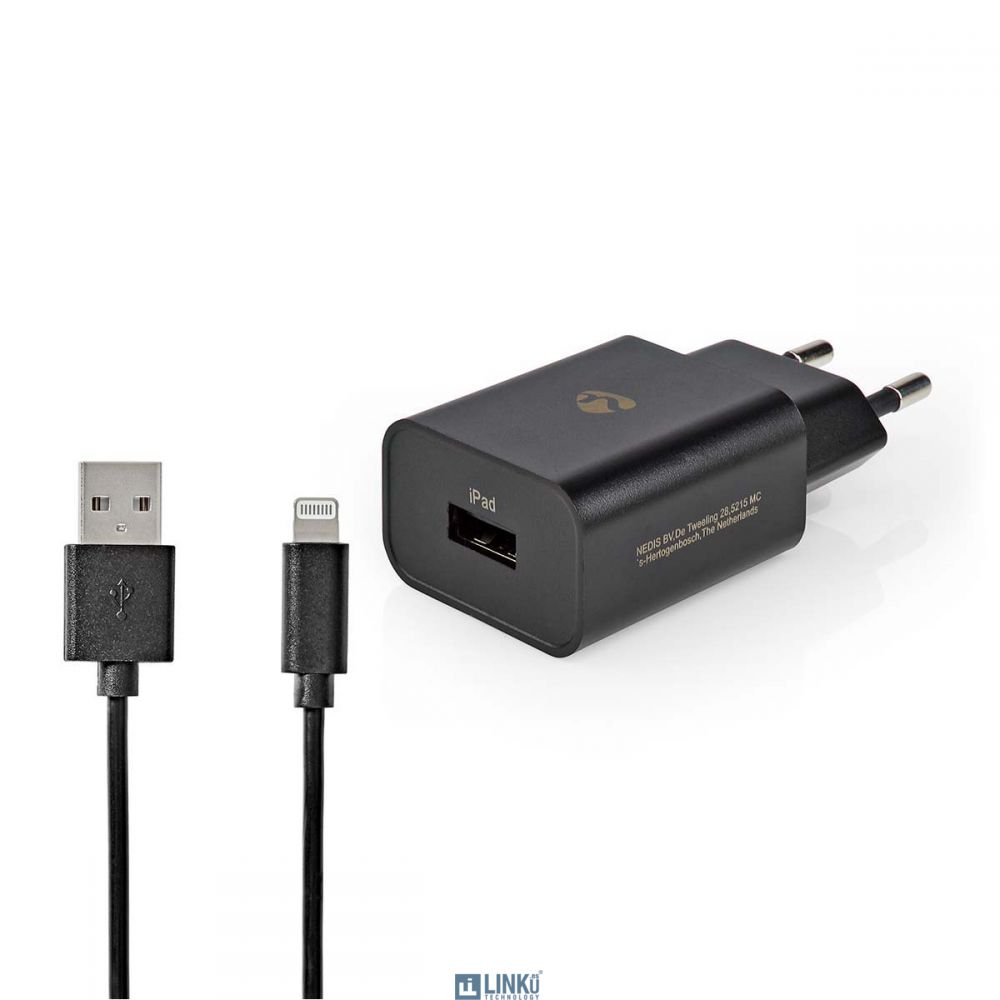 NEDIS CARGADOR |1X 2.4 A |USB-A | LIGHTNING DE 8 PINES (SUELTO) CABLE| 1.0M/12W NEGRO
